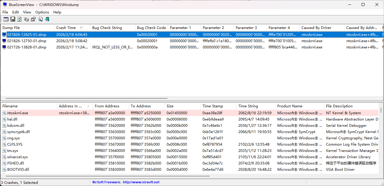 BlueScreenView 报错截图:HYPERVISOR_ERROR 0x00020001